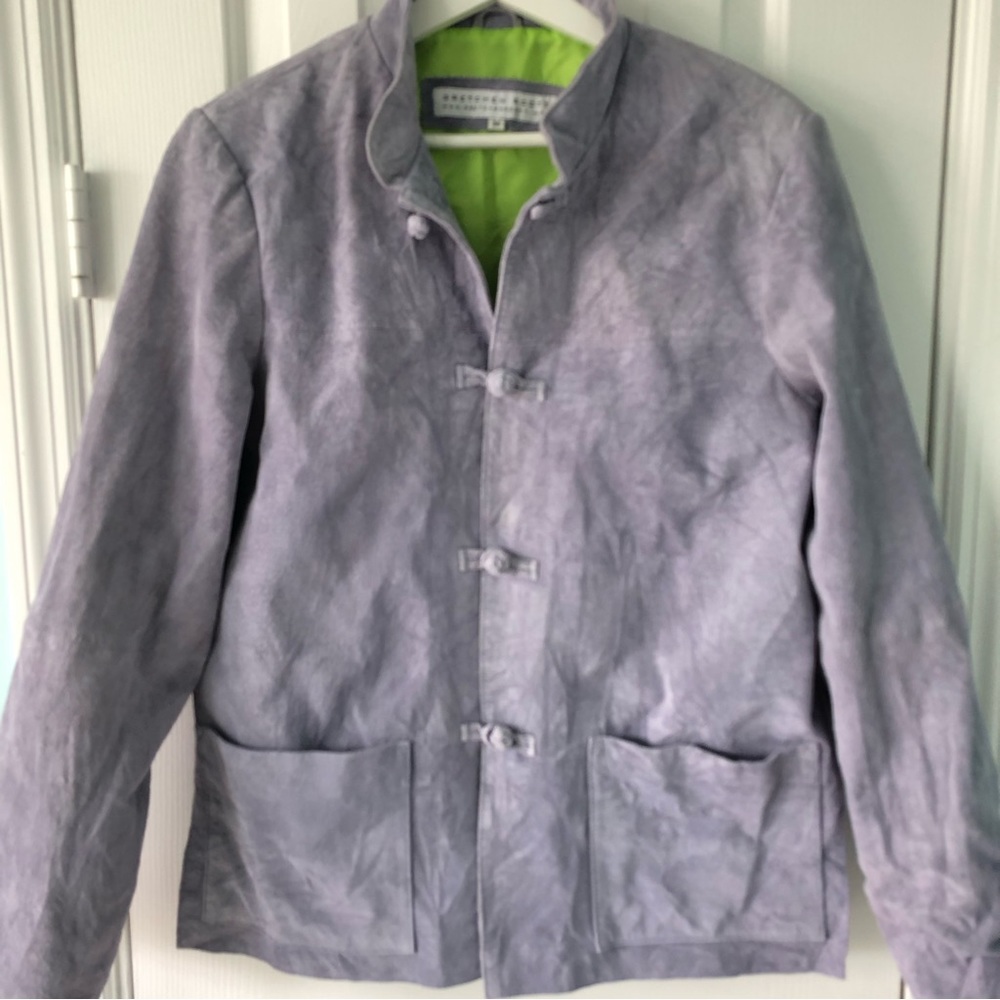 Gretchen Scott Medium Gray Lime Green Jacket Washable Buttons FLAW